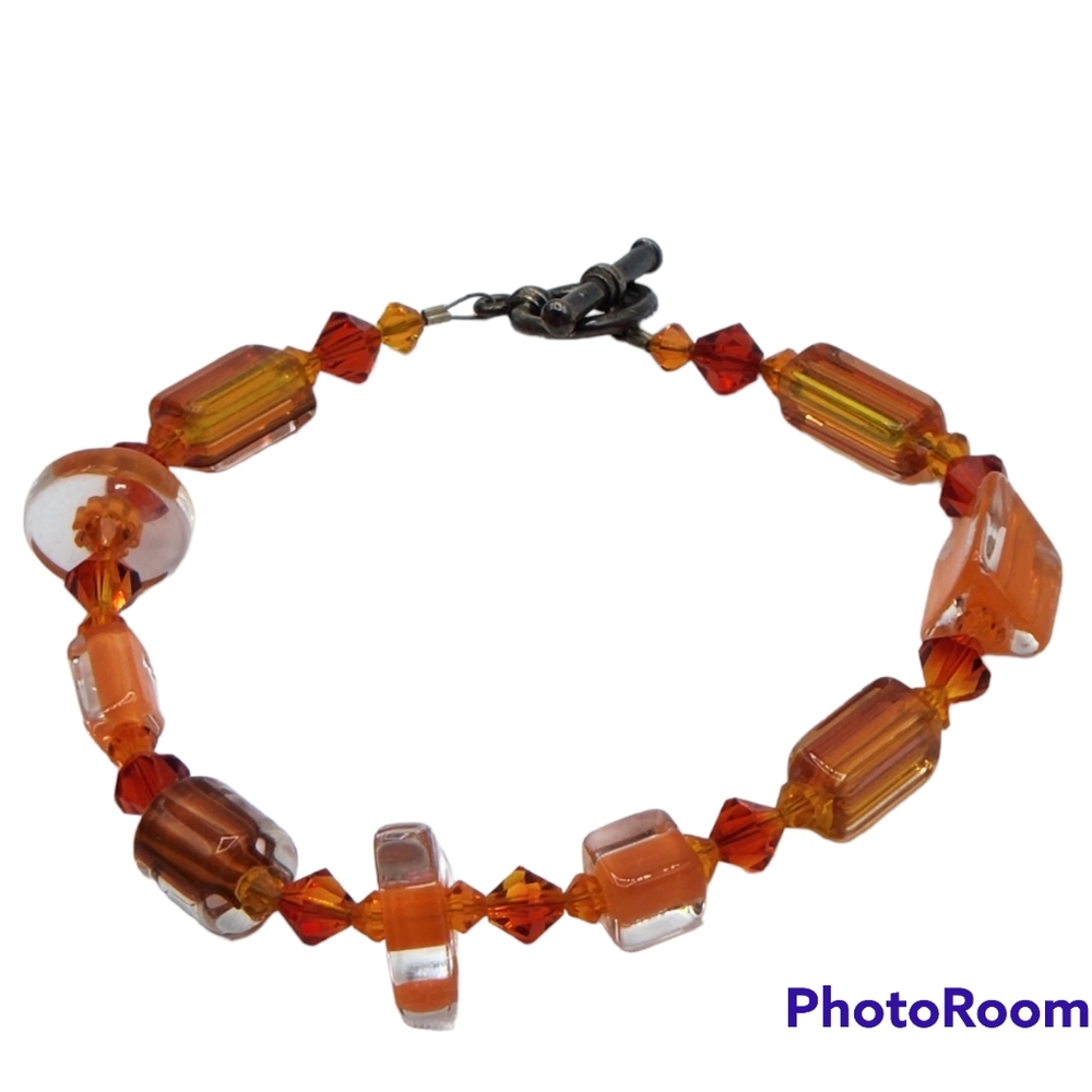 Orange and Clear Glass Beaded Bracelet Toggle Clasp